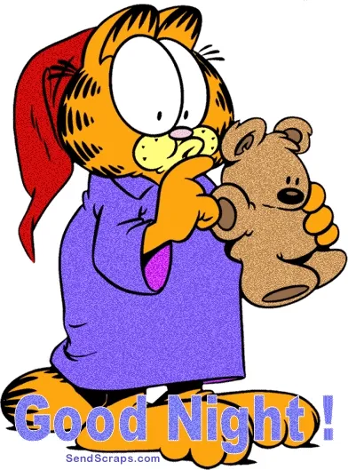Garfield Gute Nacht Bild 1 Ein Cartoon-Kater in Schlafanzug hält einen Teddybären und sagt Gute Nacht.