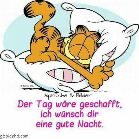 Garfield Gute Nacht Bild 2 Ein schlafender Garfield auf Kissen mit dem Text „Der Tag wäre geschafft… Gute Nacht“.