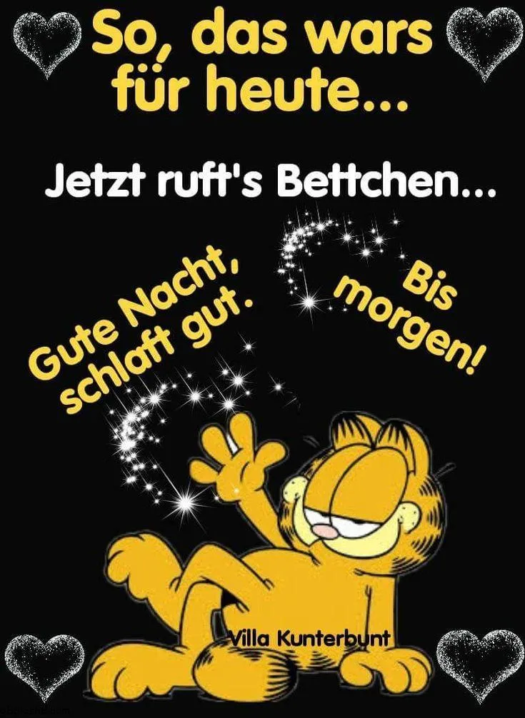 Garfield Gute Nacht Bild 3 Garfield liegt entspannt und sagt Gute Nacht und bis morgen. Text in verspieltem Stil.