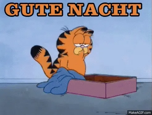 Garfield Gute Nacht Bild 4 Eine müde, orangefarbene Katze mit einer Decke in einer Kiste. Text: Gute Nacht.