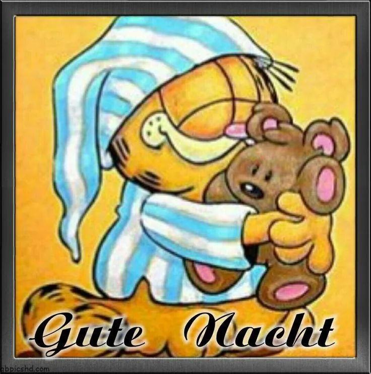 Garfield Gute Nacht Bild 6 Eine Cartoon-Katze im Schlafanzug umarmt einen braunen Teddybären. Text: Gute Nacht.