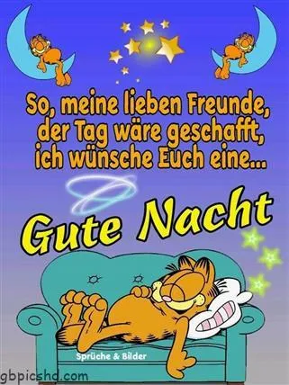 Garfield Gute Nacht Bild 7 Garfield auf einer Couch wünscht eine gute Nacht unter einem Mond.