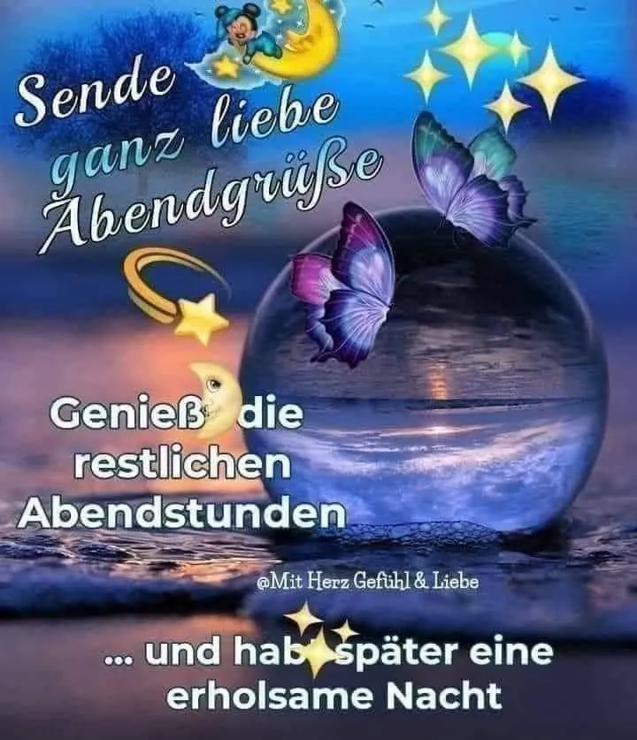 Text mit Schmetterlingen und einem Mond über einer Wasseroberfläche. Guten Abend wünschen.