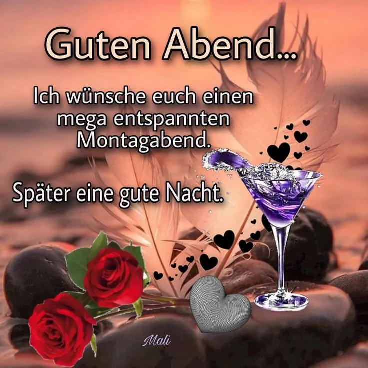 Eine entspannende Montagabend-Grüße mit Rosen und einem Cocktailglas.