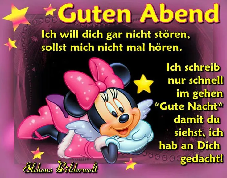 Minnie Mouse mit pinker Schleife sagt Guten Abend und Gute Nacht. Bunte Sterne im Hintergrund.