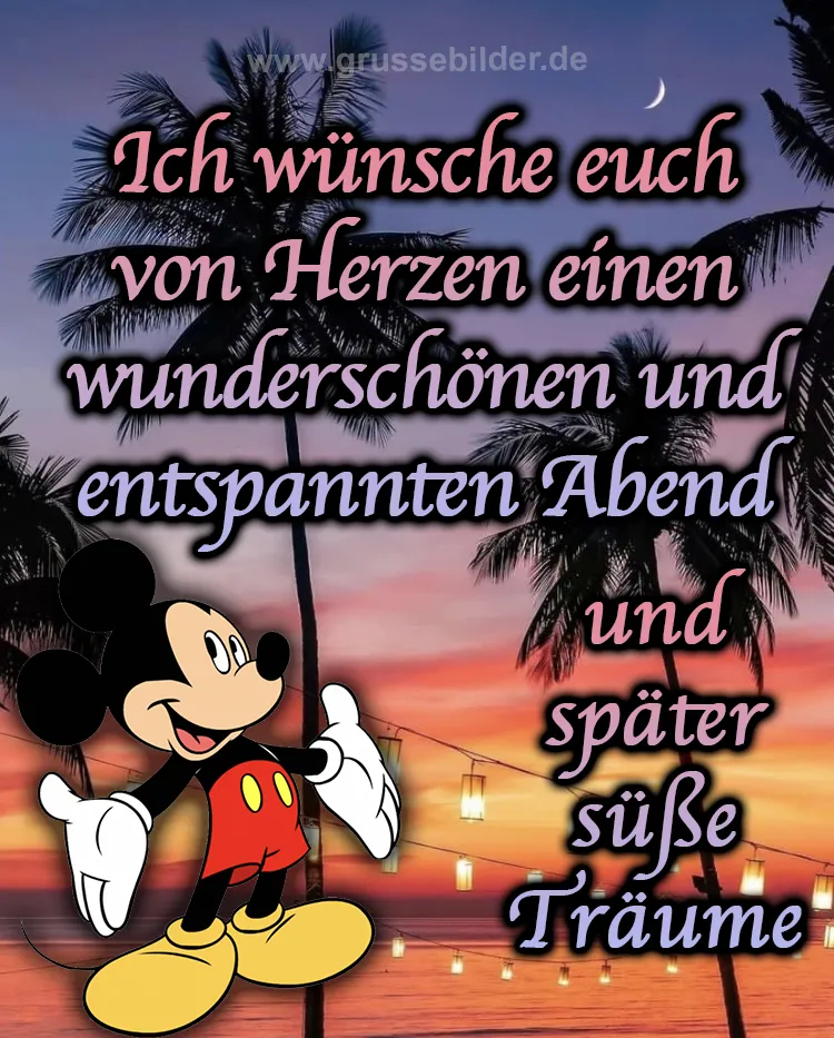 Mickey Mouse steht vor einem Sonnenuntergang mit Palmen und dem Text über einen schönen Abend.