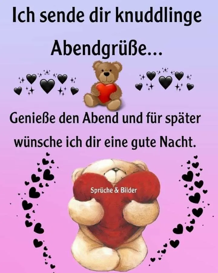 Ein bär hält ein Herz und sendet Abendgrüße. Sternchen im Hintergrund.