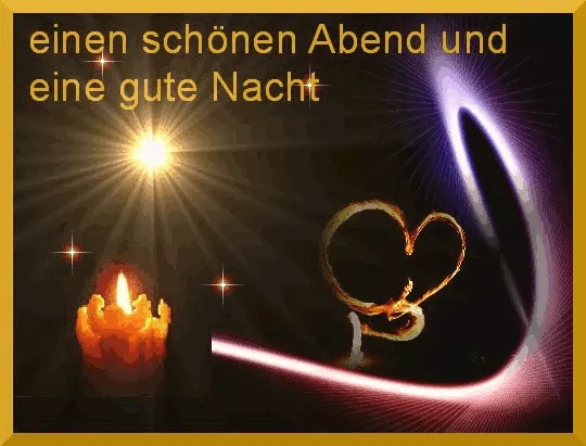 Eine Kerze leuchtet, daneben ein Herz aus Licht, mit dem Text: „Einen schönen Abend und eine gute Nacht“.