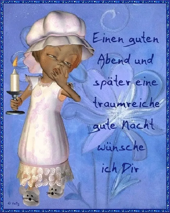 Ein Kind hält eine Kerze und wünscht einen guten Abend und eine gute Nacht.