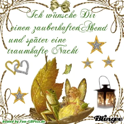 EineElfe mit Schmetterlingen und laterne, umgeben von Sternen, wünscht eine schöne Nacht.