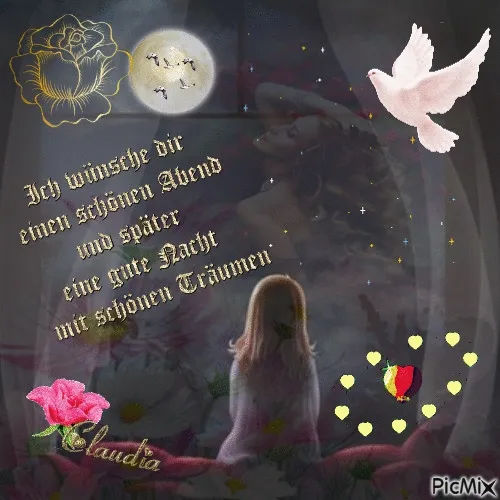 Eine Frau sitzt mit Rücken zur Kamera, umgeben von Blumen und einer Taube.