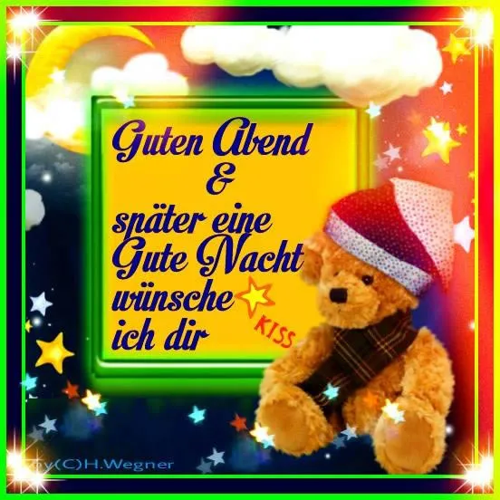 Brauner Teddy mit Mütze, umgeben von Sternen und Wolken, sagt Gute Nacht.