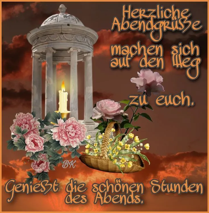 Ein Pavillon über Blumen und einer Kerze, mit Abendgrüßen im Hintergrund.