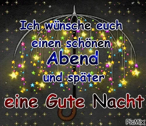 Text auf bunter Schrift mit Regenschirm, Sterne funkeln, wünscht eine gute Nacht.