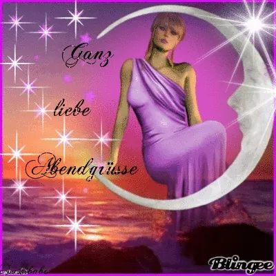 Eine Frau in lila Kleid sitzt vor einem Mond, mit einem Hintergrund von Wasser und Sternen.