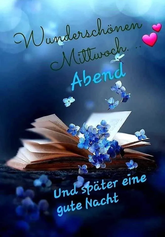 Offenes Buch mit blauen Blumen, Text: "Wunderschönen Mittwoch Abend und später eine gute Nacht."