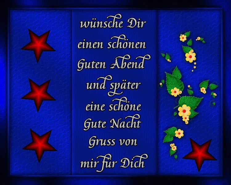 Blauer Hintergrund mit roten Sternen, Text mit Abend- und Nachtgrüßen und bunten Blumen.