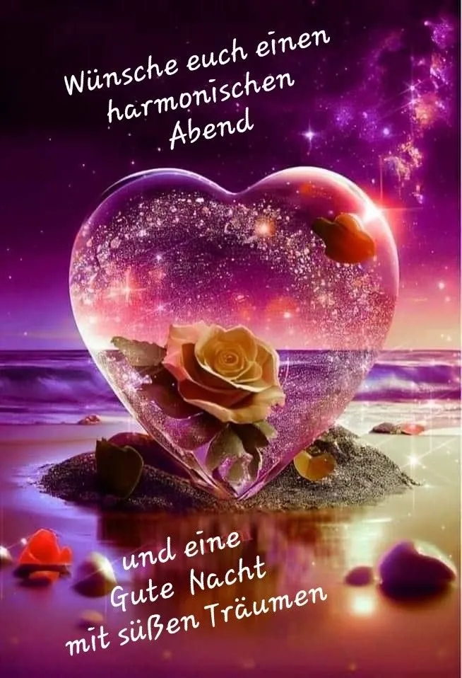 Herz mit einer Rose im Inneren, umgeben von funkelndem Hintergrund und Texten.