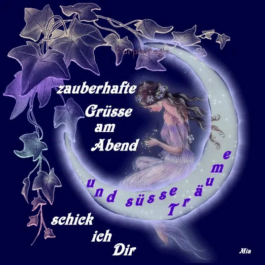 Eine Frau sitzt im Mond und wünscht süße Träume mit einer herzlichen Botschaft.