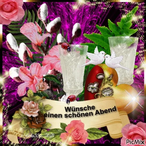 Zwei Gläser, Blumen, Vögel und der Text „Wünsche einen schönen Abend“.