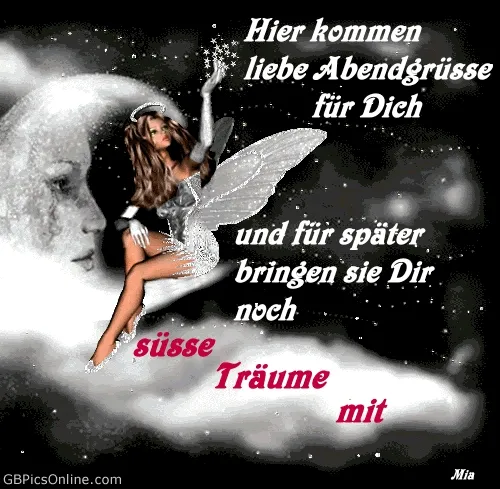 Frau mit Flügeln sitzt auf einer Mondsichel, umgeben von Sternen und Text.