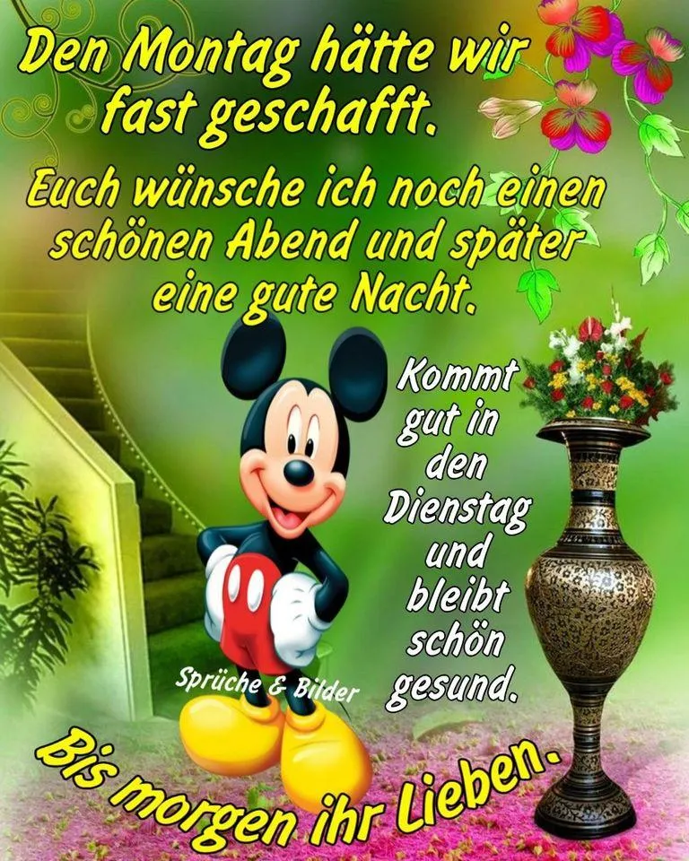 Micky Maus steht neben einer Vase mit Blumen und einem bunten Hintergrund. Text oben und unten.