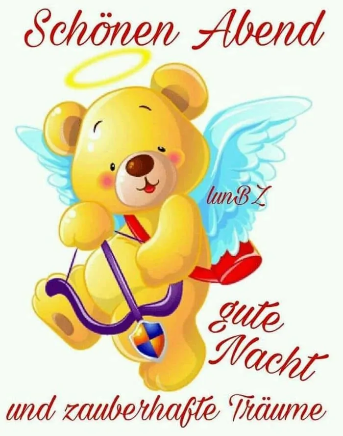 Gelber Teddybär mit Flügeln und Heiligenschein, umgeben von Text über gute Nacht.