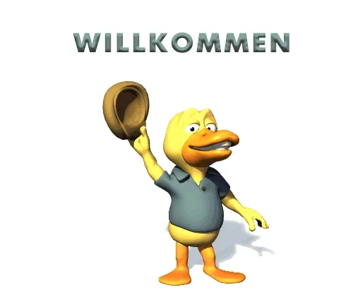 Ein gelber Entenkörper in einem Hemd hebt einen Hut und sagt Willkommen.