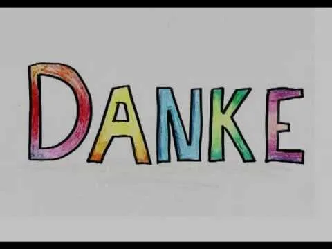 Bunte Buchstaben auf grauem Hintergrund, die das Wort "DANKE" bilden.