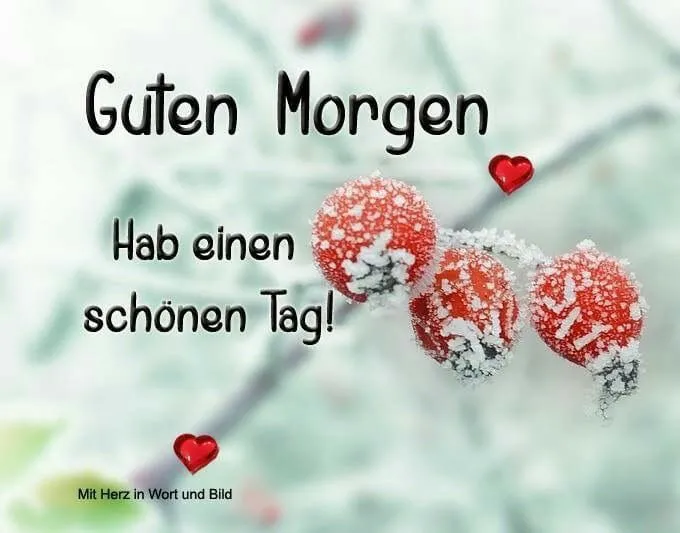 Text mit „Guten Morgen“ und „Hab einen schönen Tag“ über einer frostigen rote Beerenlandschaft.