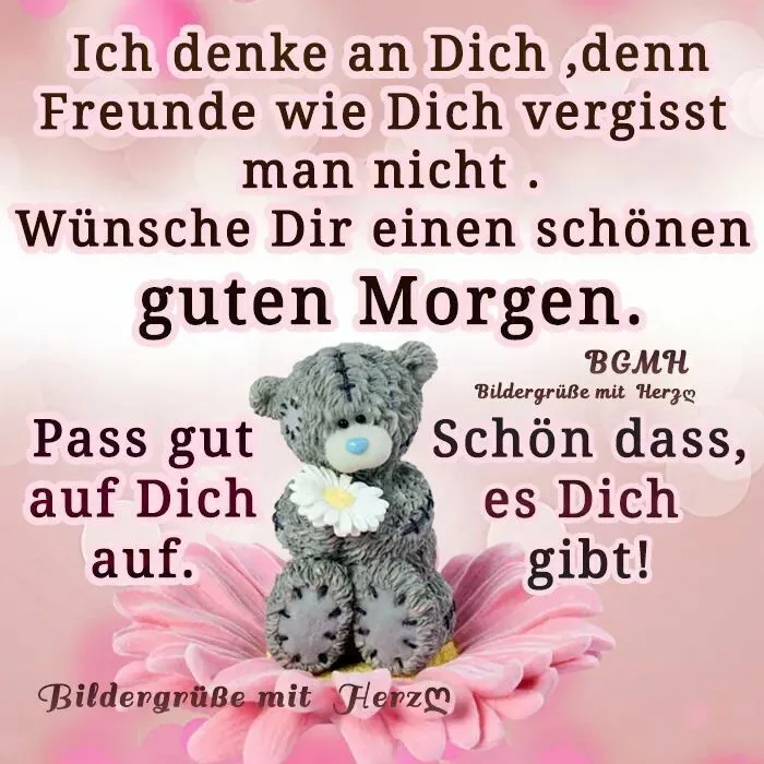 Ein Teddybär mit Blumen und einem Text über Freundschaft und guten Morgen.