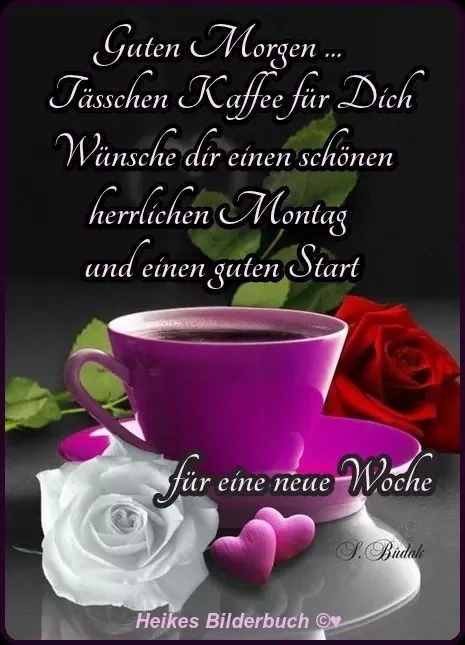Kaffeetasse auf einem Tisch mit roten Rosen und einem eindrucksvollen Text.