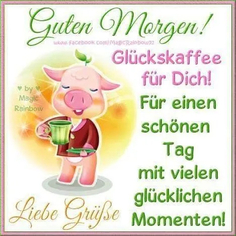 Ein fröhliches Schwein hält eine Tasse Kaffee und wünscht einen guten Morgen.