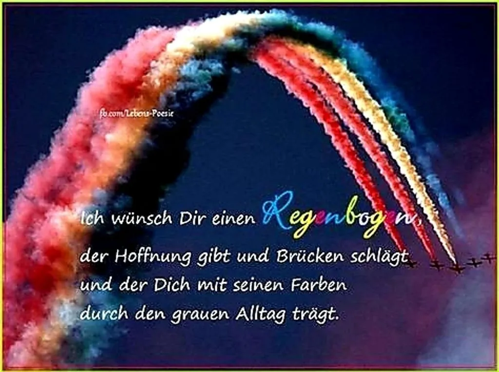 Ein Regenbogen aus bunten Streifen über einem Zitat zur Hoffnung und Freude.