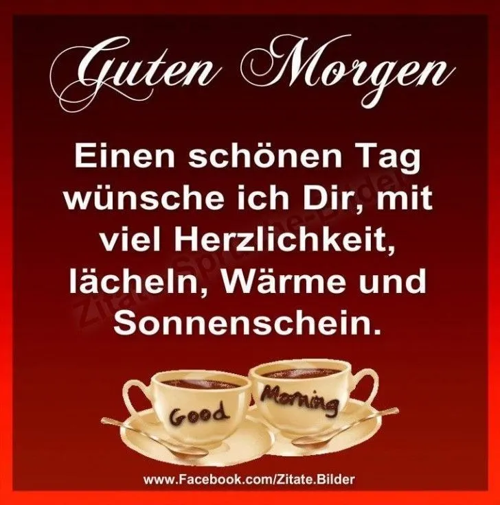 Zwei Kaffeetassen mit der Aufschrift „Guten Morgen“ und einem freundlichen Text auf rotem Hintergrund.