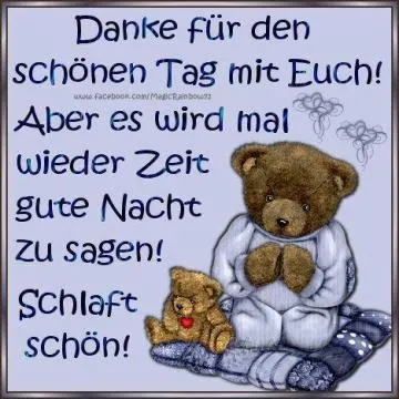 Ein Teddybär sitzt auf einer Decke und sagt Gute Nacht. Text um den Bären ist freundlich.