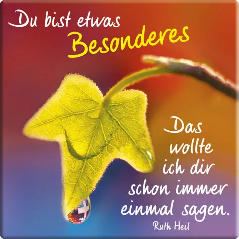 Ein grünes Blatt mit Wassertropfen und einer inspirierenden Botschaft.