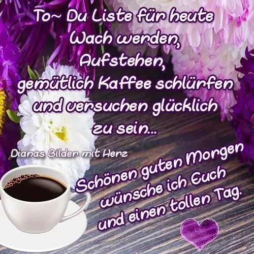 Ein Text auf einer lilafarbenen Hintergrund mit Blumen und einer Kaffeetasse.
