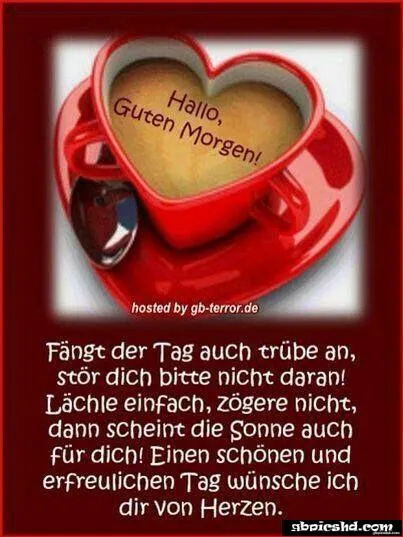 Rotes Herz mit Kaffee in einer Tasse, Text mit guten Morgen Grüßen.