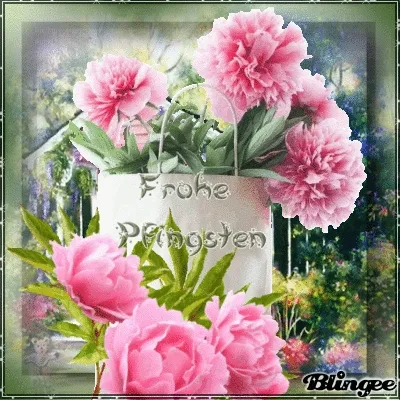 Ein Eimer mit rosa Pfingstrosen vor einer verschwommenen Gartenlandschaft.