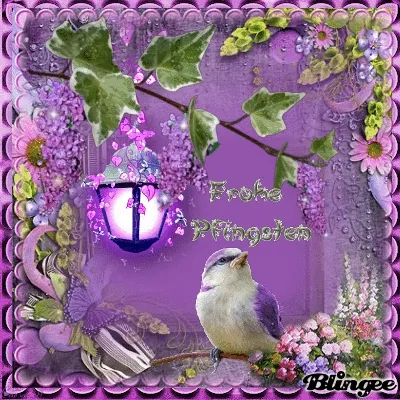 Vogel auf blühendem Hintergrund mit lila Laterne und Blumen. Text: Frohe Appingtagen.