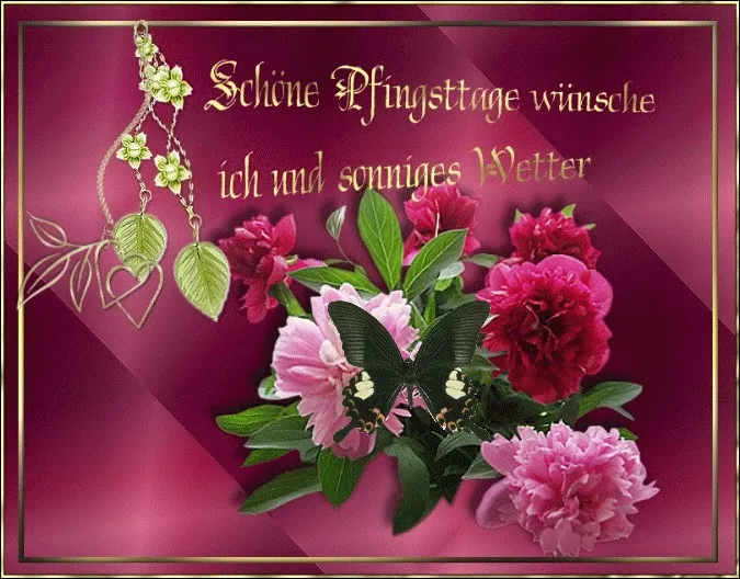 Rosa Karte mit Blumen, Schmetterlingen und dem Text "Schöne Pfingsttage wünsche ich".