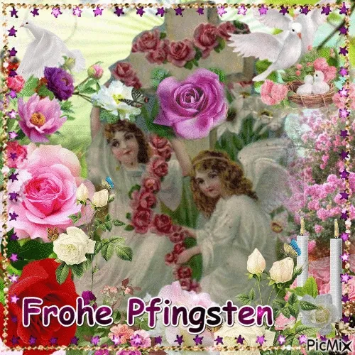 Zwei Engel mit Blumen und Rosen, umgeben von Osterelementen und dem Text „Frohe Pfingsten“.