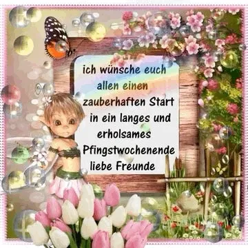 Ein kleiner Elf steht vor einem bunten Rahmen mit Blumen und einem Grußtext.