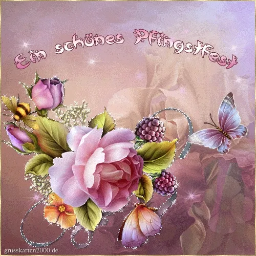 Bunte Blumen, Schmetterling und der Text "Ein schönes Pfingstfest" auf dekorativem Hintergrund.