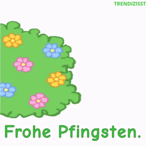 Bunte Blumen auf grünem Hintergrund mit dem Text „Frohe Pfingsten“.