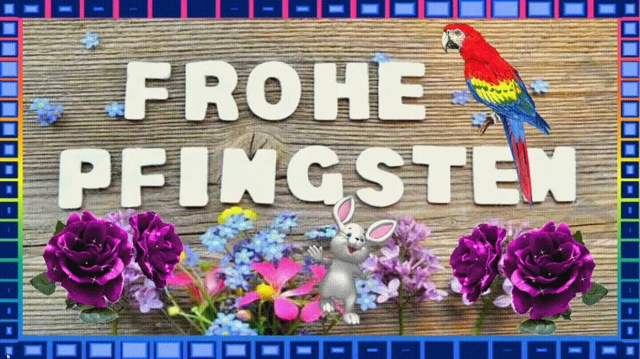 Bunte Osterdekoration mit dem Text "Frohe Pfingsten", einem Papagei und Blumen.