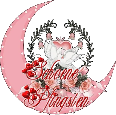 Zwei Tauben auf einem Mond mit Blumen und dem Text „Schöne Pfingsten“.