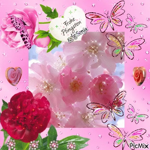 Blüten und Schmetterlinge auf pinkem Hintergrund mit herzförmigen Elementen.