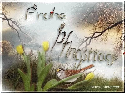 Ein Vogel sitzt neben gelben Tulpen in einer grünen Wiese vor einer Landschaft.